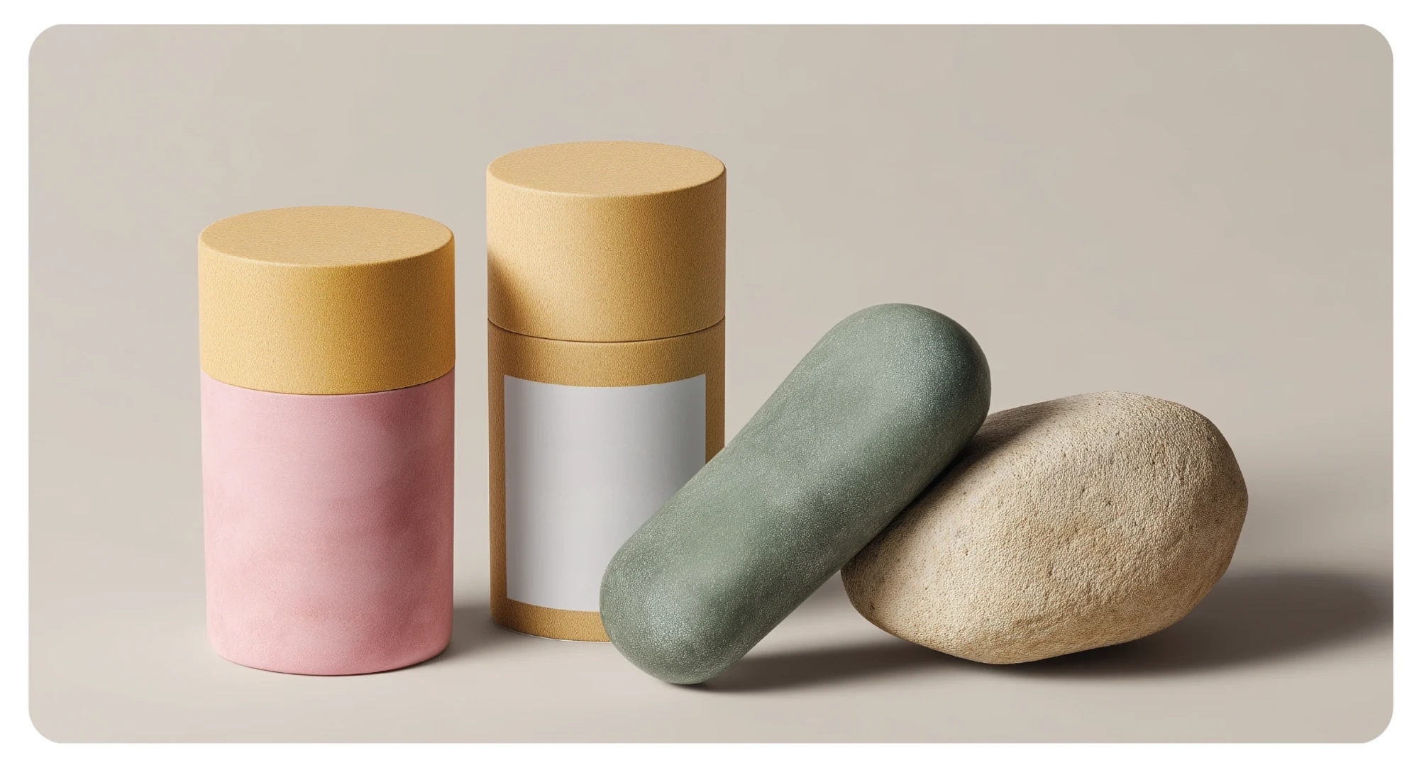 Pastel cosmetic tubes beside smooth stones